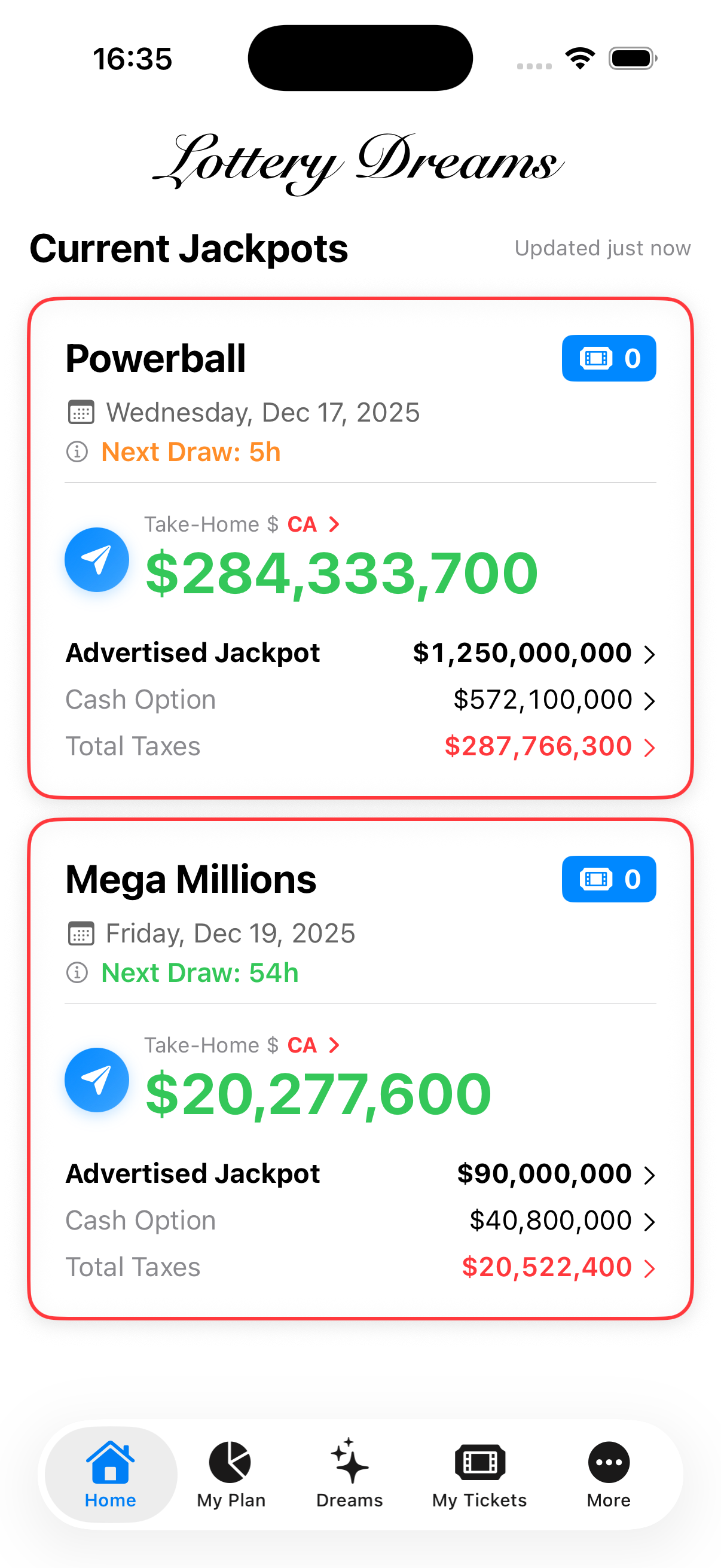 Lottery Dreams: current jackpots with take-home estimate