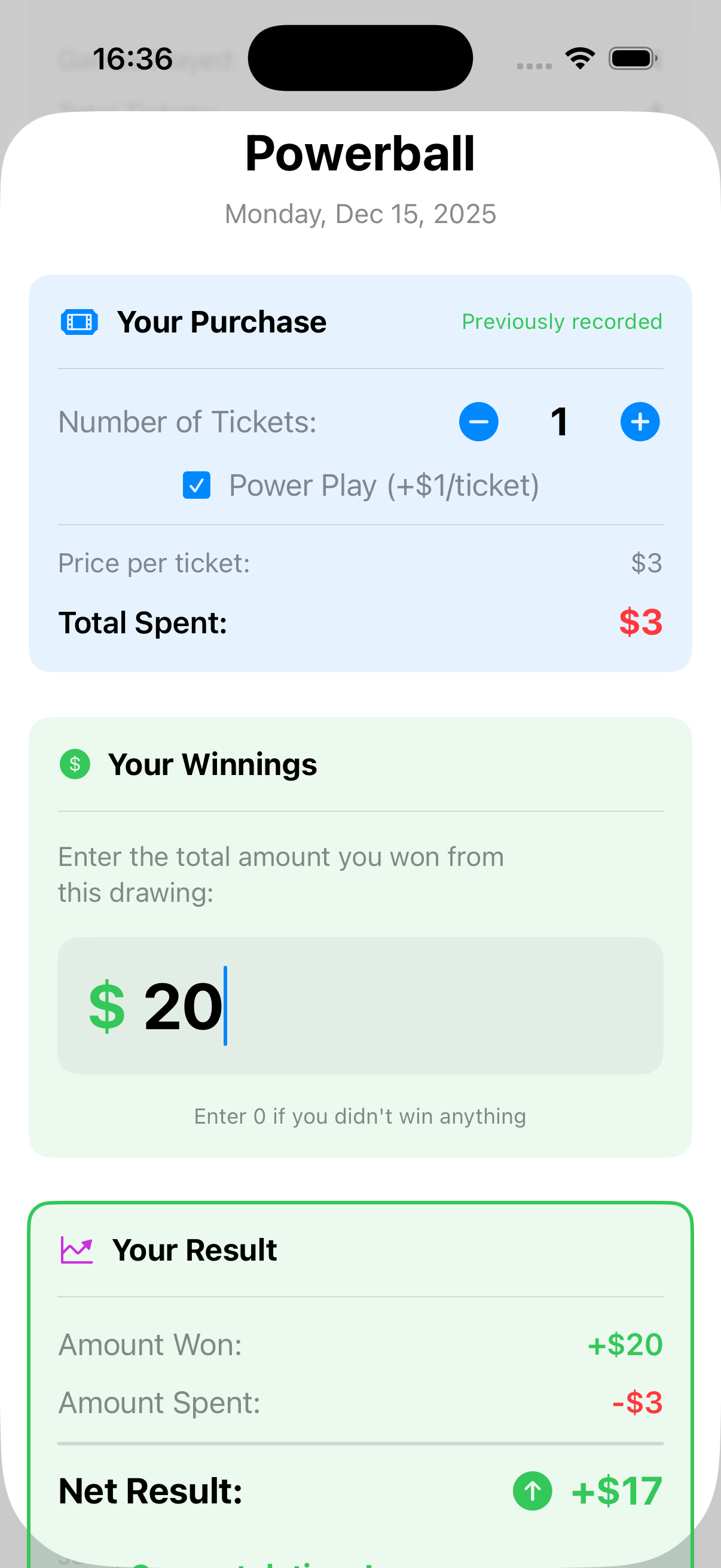 Ticket results input screen