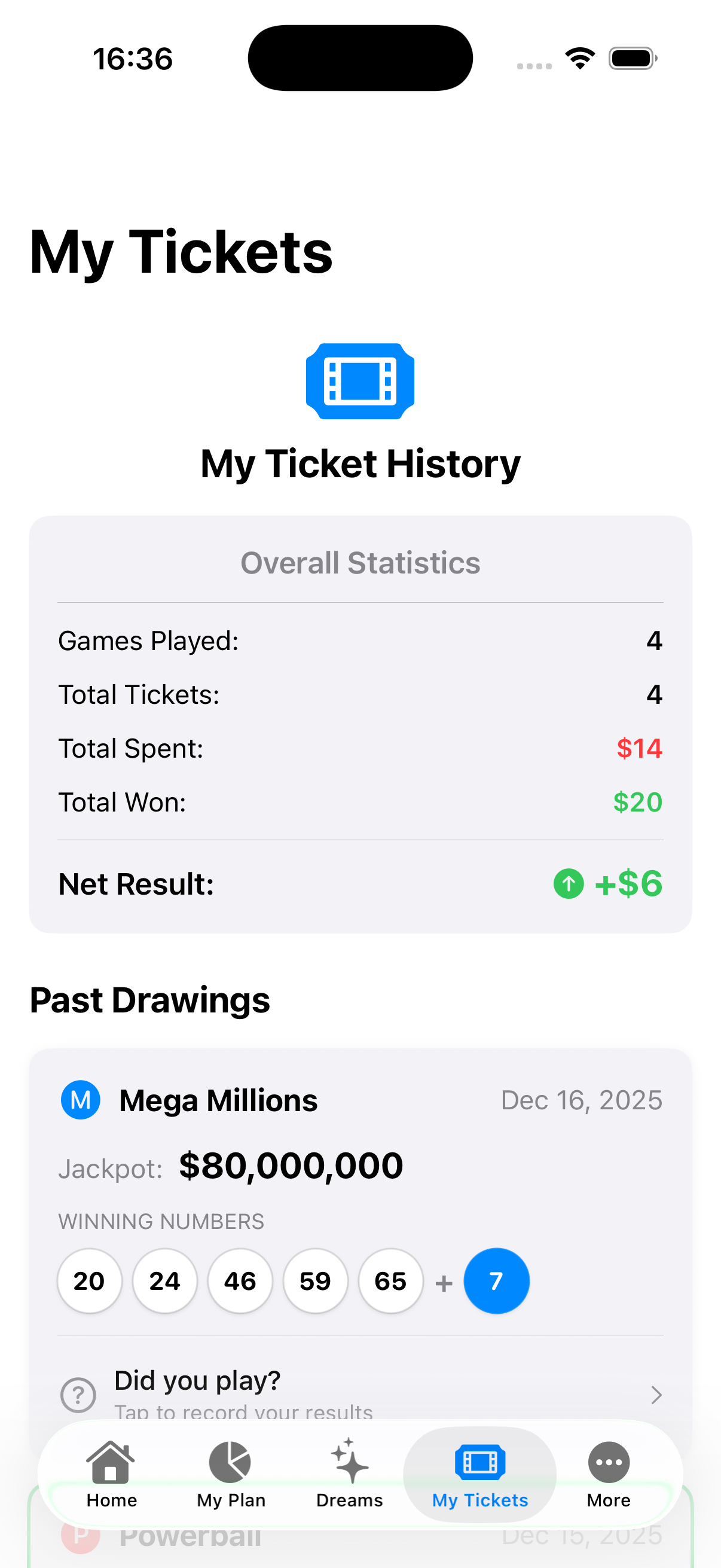 My Tickets history and statistics